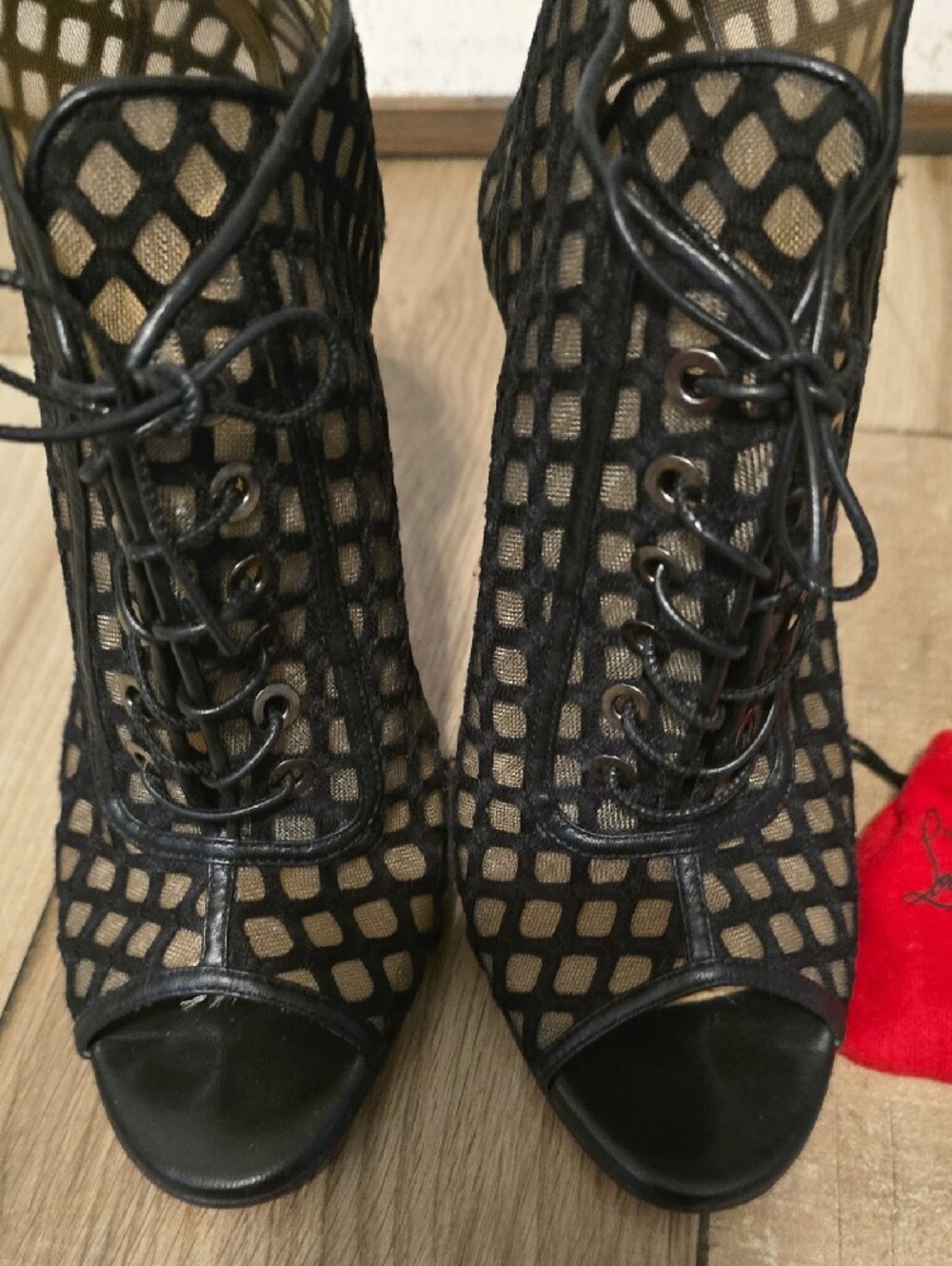 Christian Louboutin Black Mesh Lace-Up Peep-Toe 100 Heels Size (37-1/2) - Picture 6 of 15